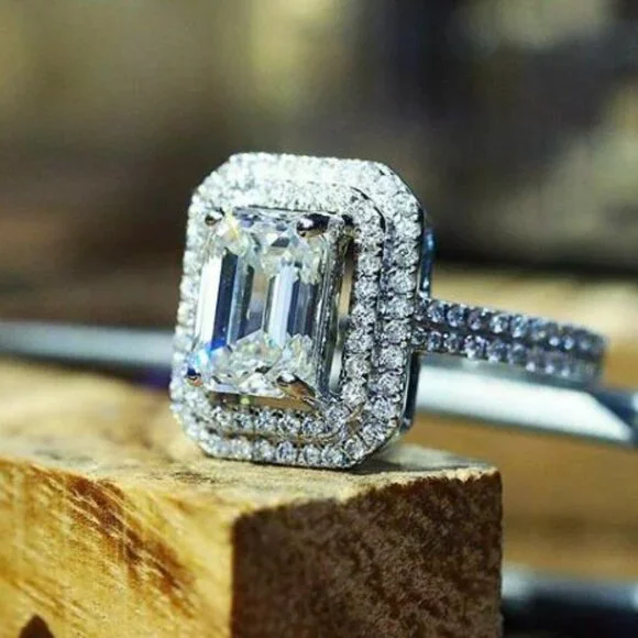 Radiant Cut Zircon Macro Pave Silver Plated Luxury Wedding Ring for Women, L215